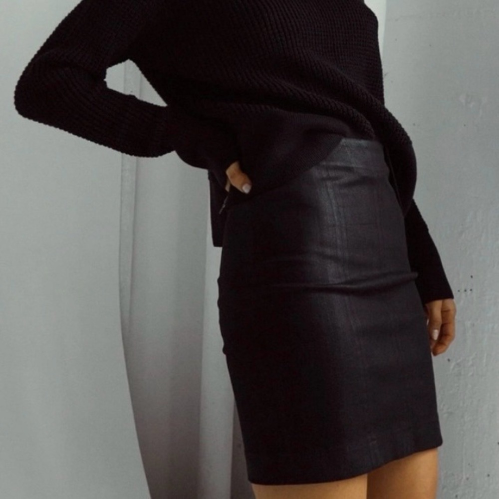 VETTA Black Leatherette Waxed Cotton Fitted Stretch Denim Mini Skirt Zipper 4